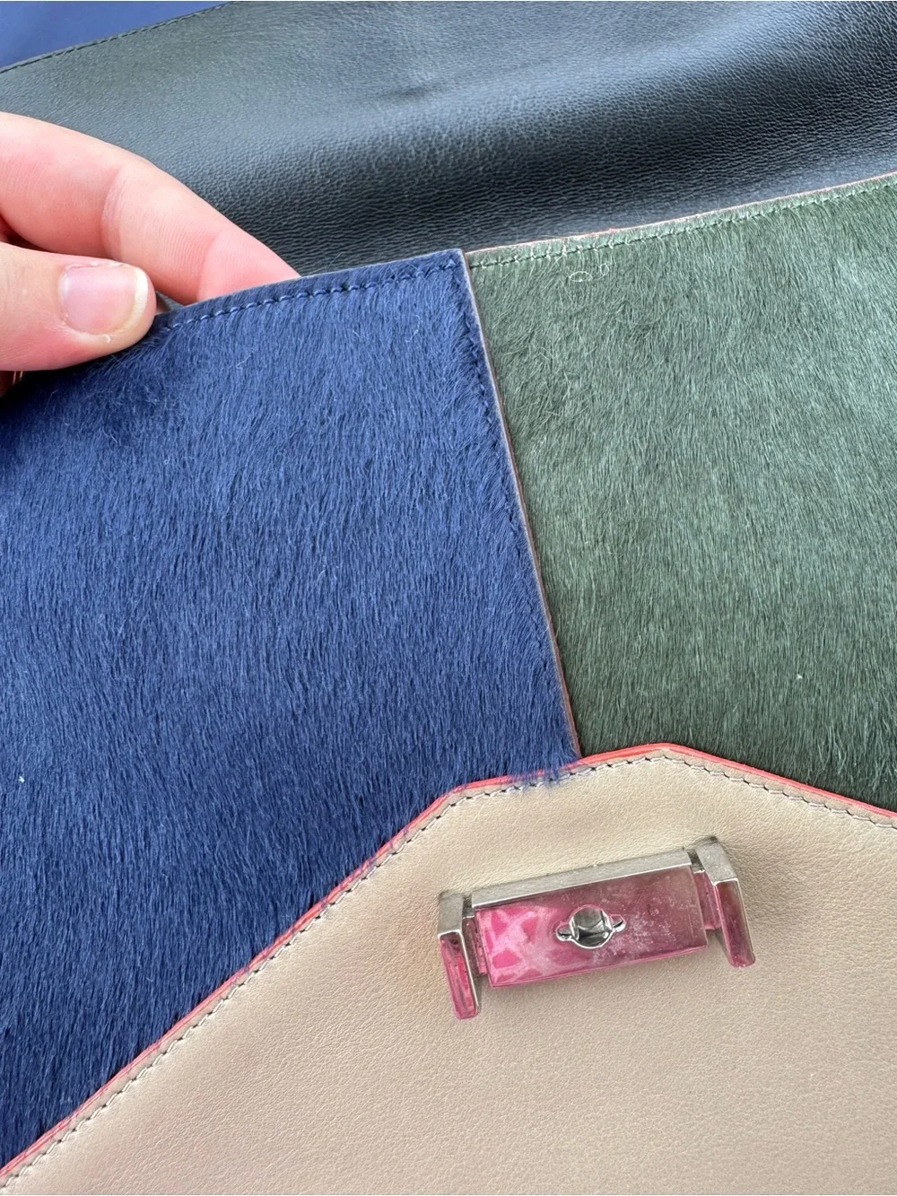 Colorblock Leather & Suede Shoulder Bag in Black, Navy, Green, Beige